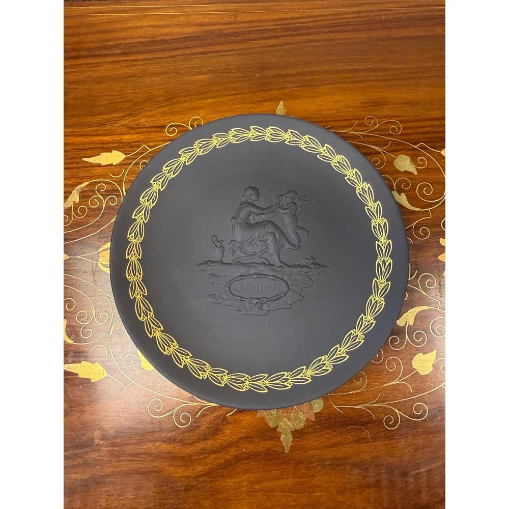 Vintage Wedgwood Mother Plate • Black Basalt Jasperware Gold Relief